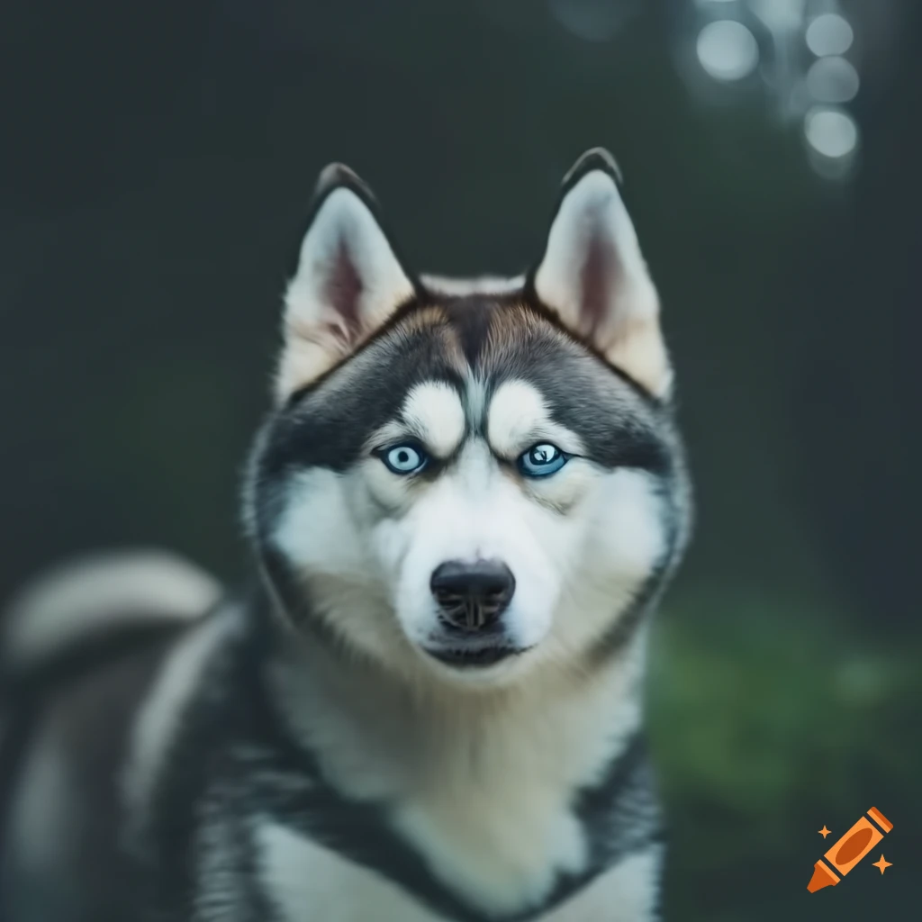close-up of a husky dog in soft lighting