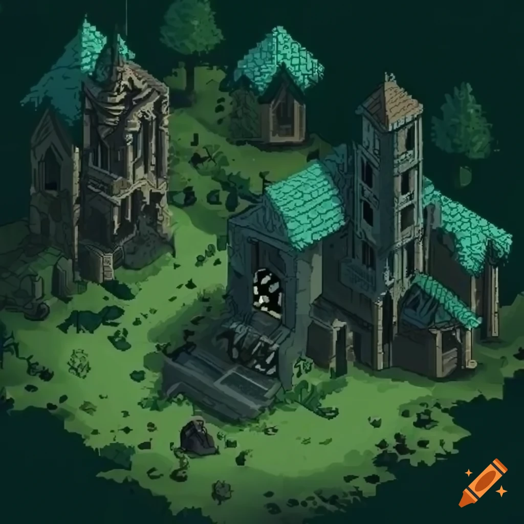 Top-down pixel art map of a haunted forest on Craiyon