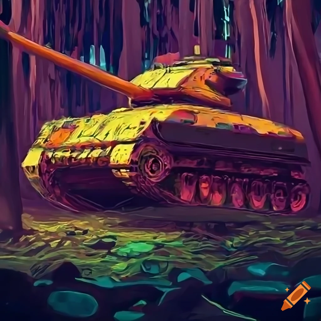 side view of a yellow army tank in a forest