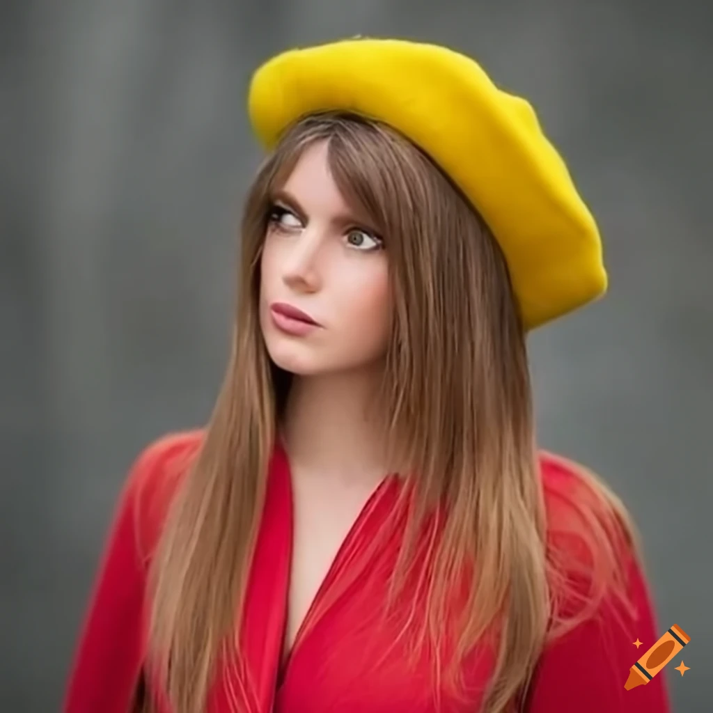 Woman in red dress with yellow beret