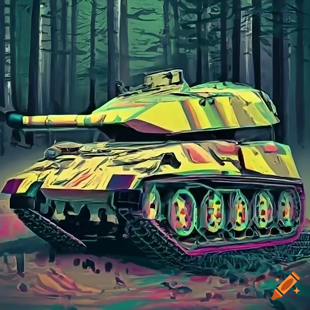 detailed digital painting of a yellow army tank in a forest