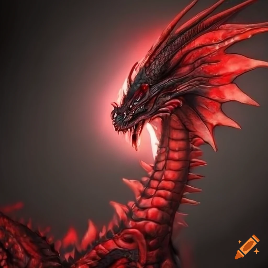 Hyperrealistic black and red dragon with glowing red eyes