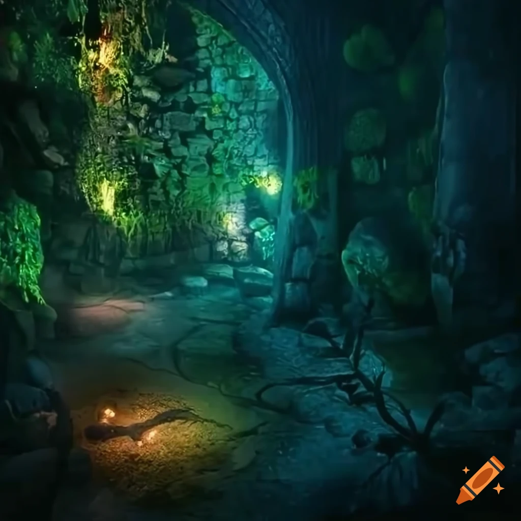 glowing potted plants in ancient underground hallway