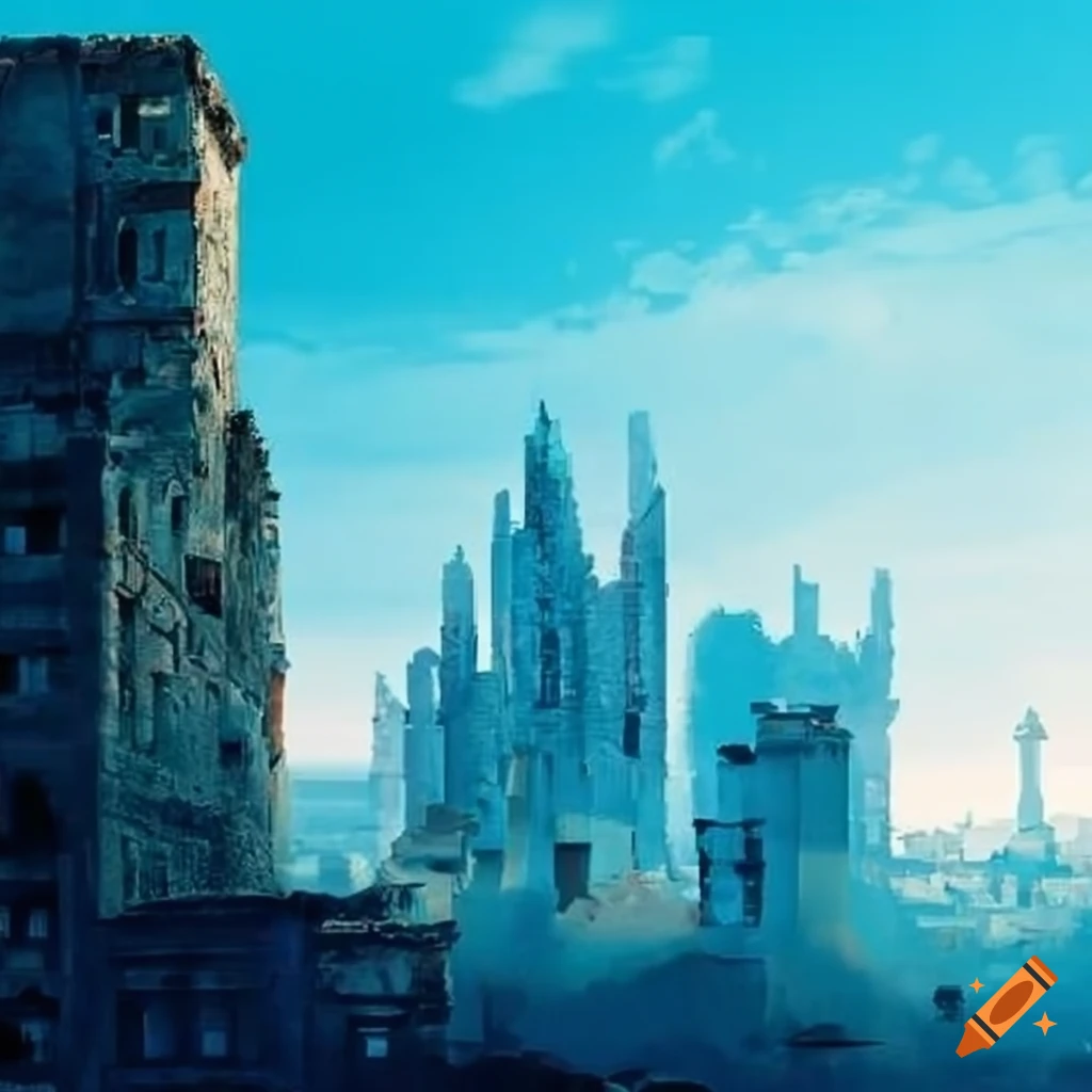 City ruins with blue sky on craiyon
