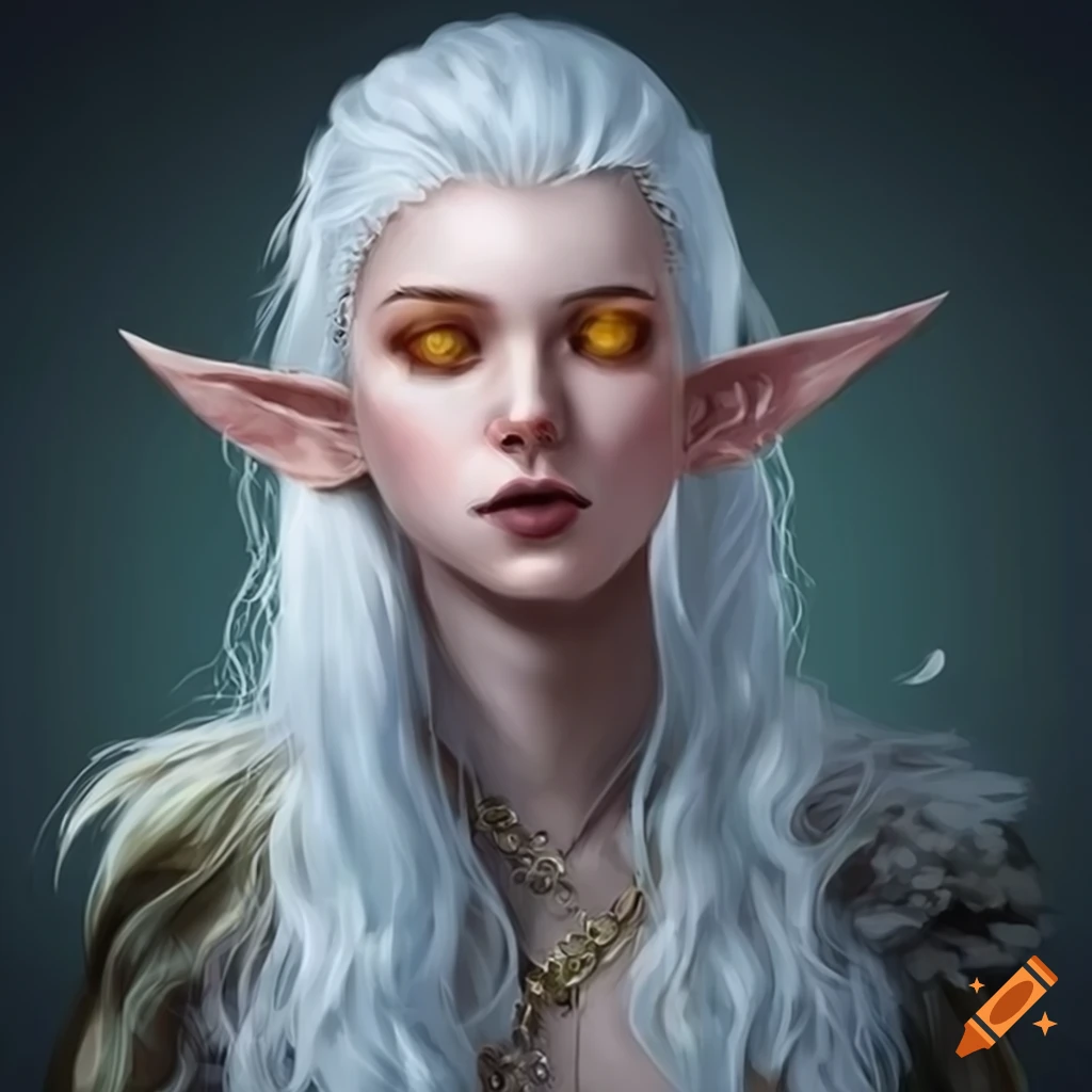 Portrait of a white-haired elf woman with golden eyes