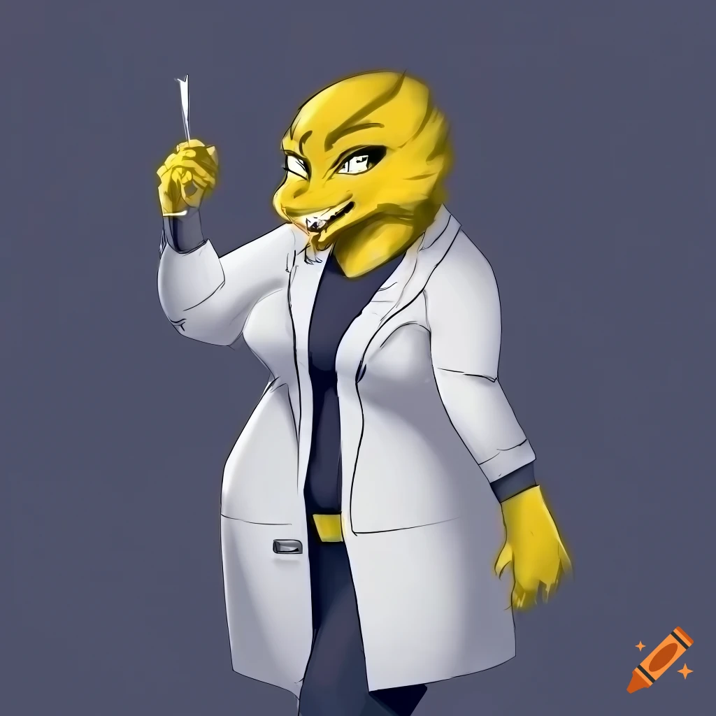 yellow anthro lizard woman wearing lab coat
