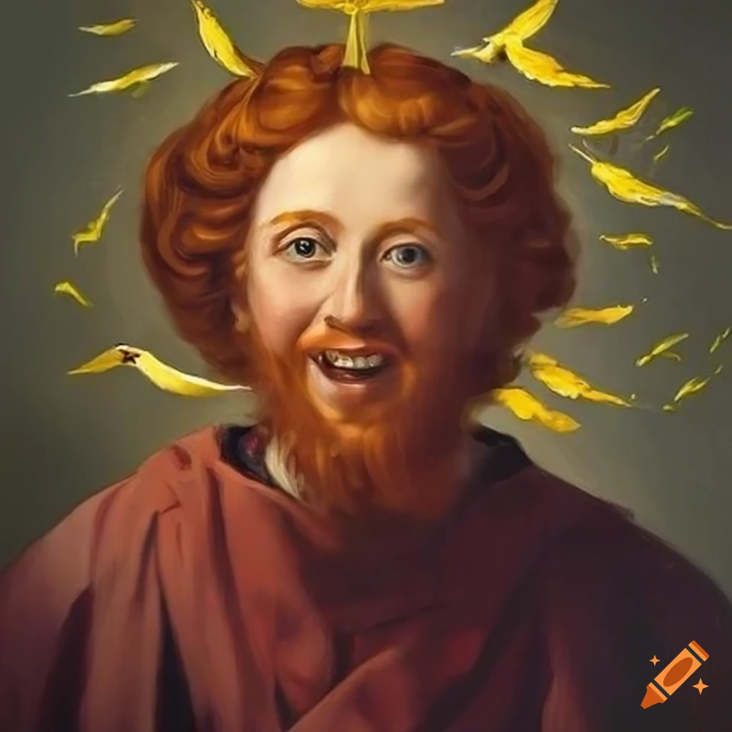 painting of a redheaded Catholic saint with birds