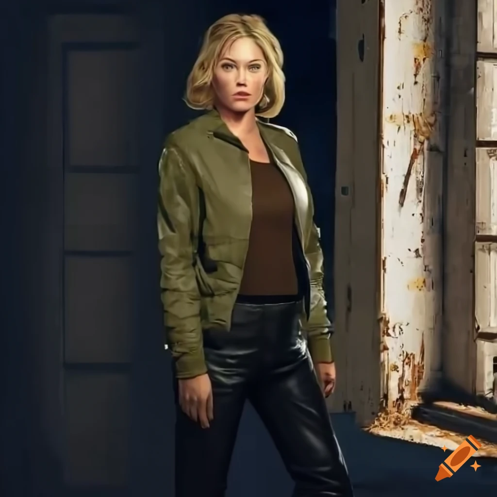 fashionable woman standing in a doorway of a derelict building
