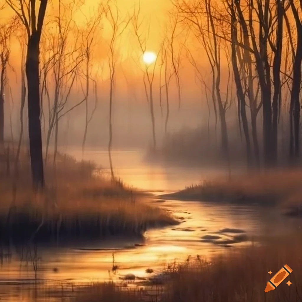 Golden meadow misty sunrise with a winding creek