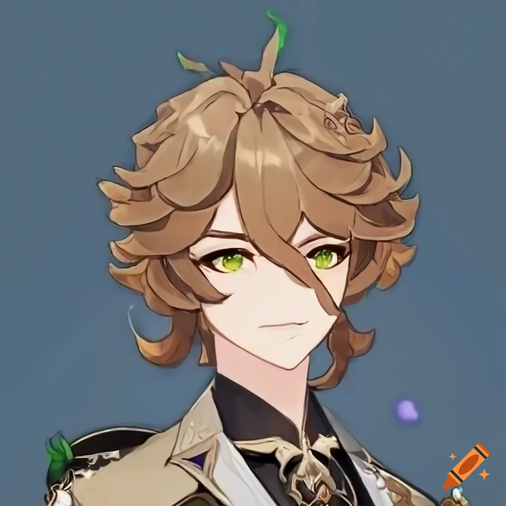 Character from genshin impact with brown curly hair and green eyes on