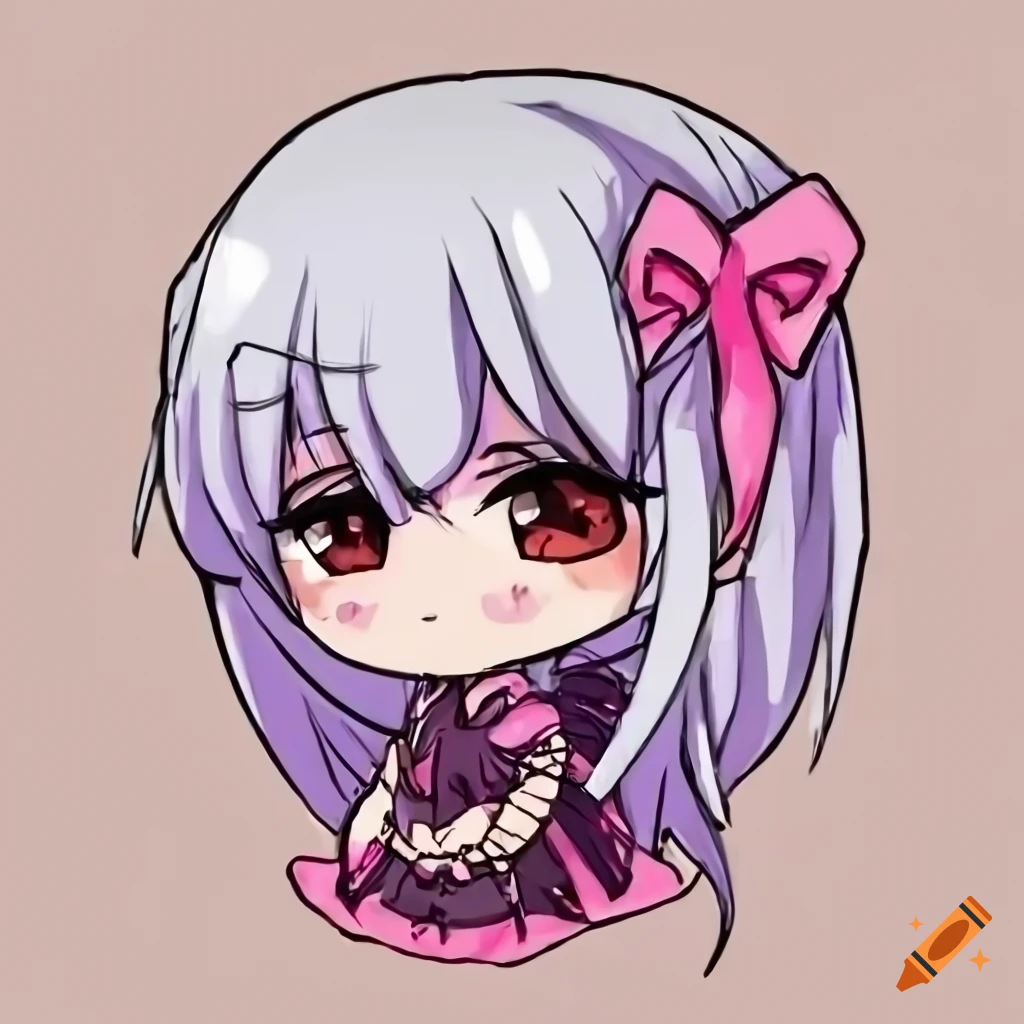 chibi anime character with white and pink hair