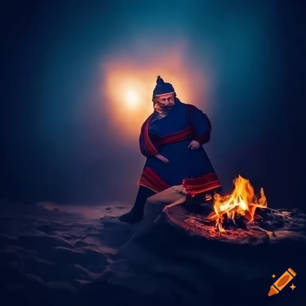 sami man playing traditional drum in a cave