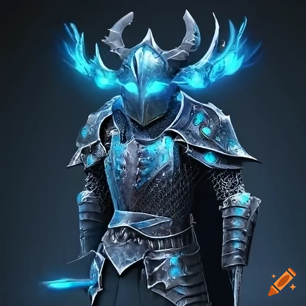 illustration of a powerful blue knight with glowing armor and wings