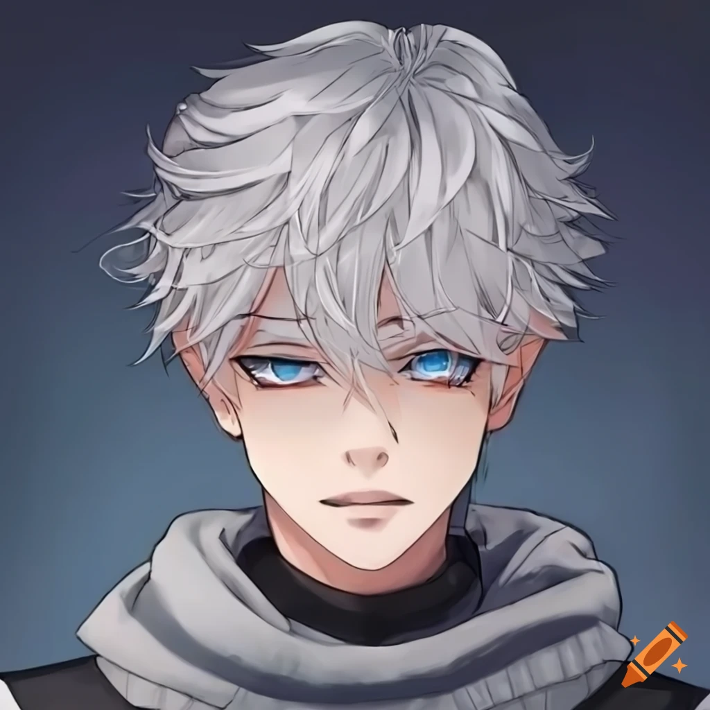 anime-style depiction of a tired young man with silver hair