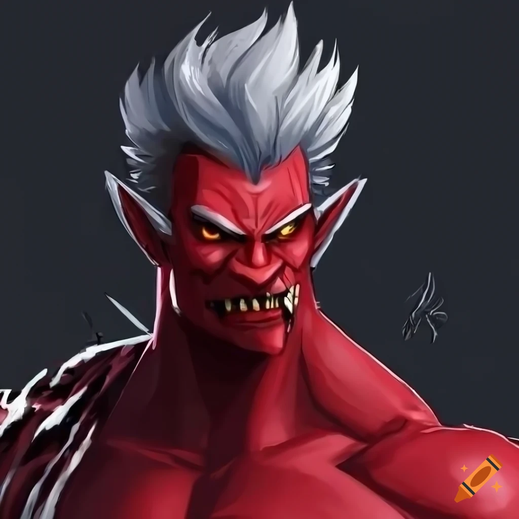 red oni character with long grey hair