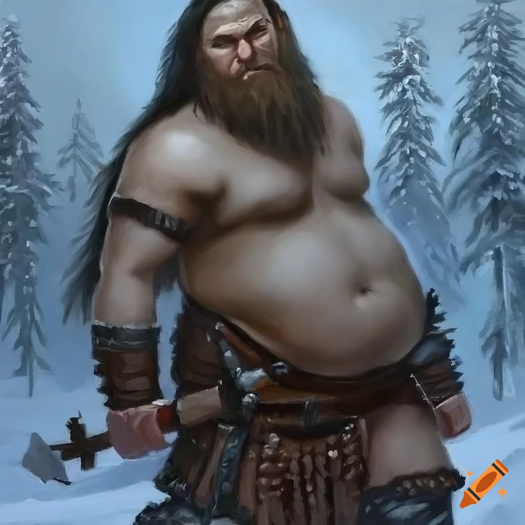 fantasy oil painting of a fat male barbarian in a winter landscape