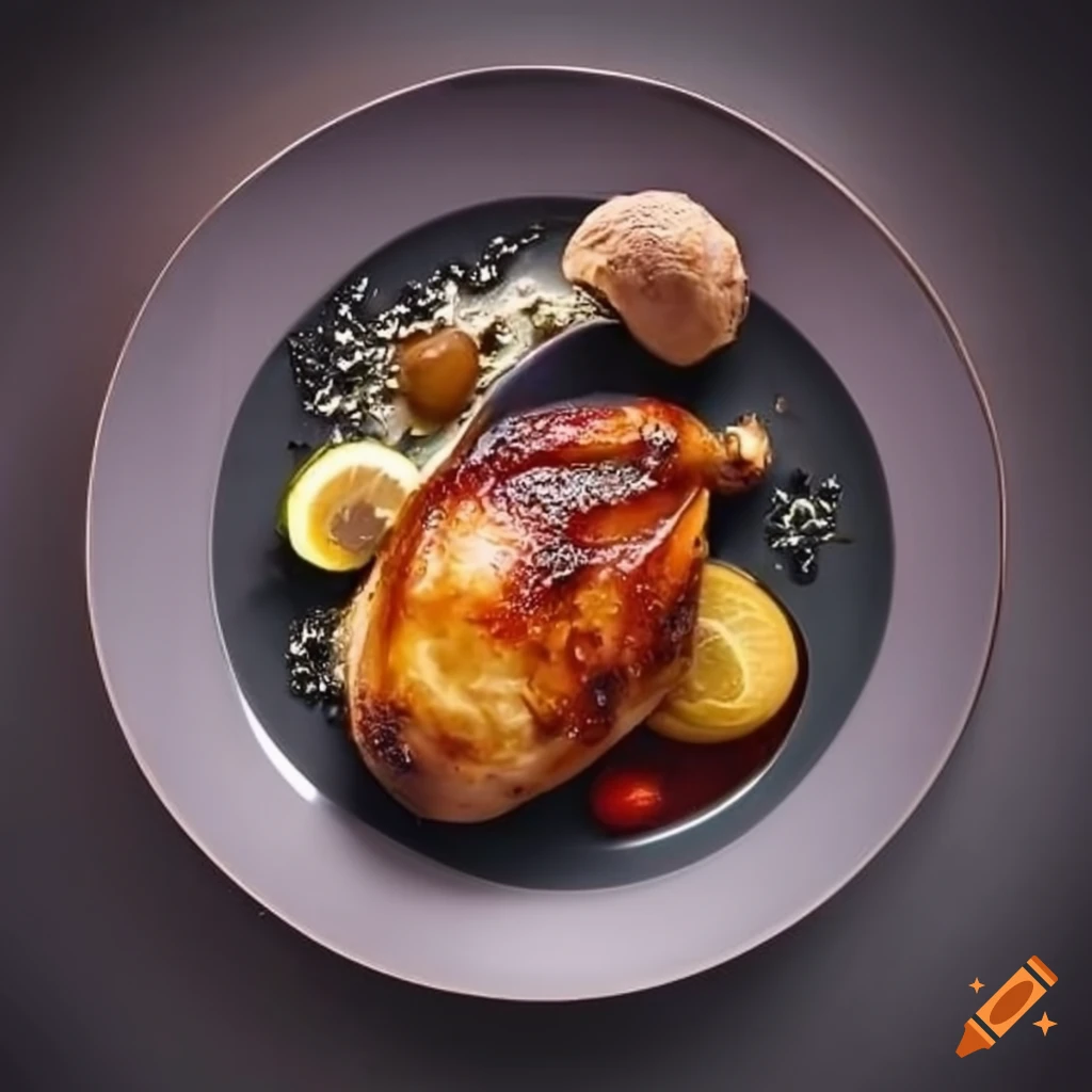 Gastronomic dish roasted chicken with chestnuts, porcini mushrooms