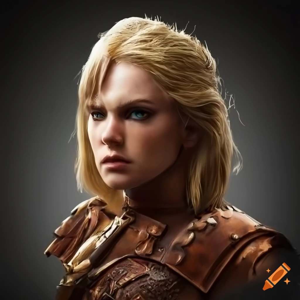 Image of a blond woman warrior in leather and copper armor on Craiyon