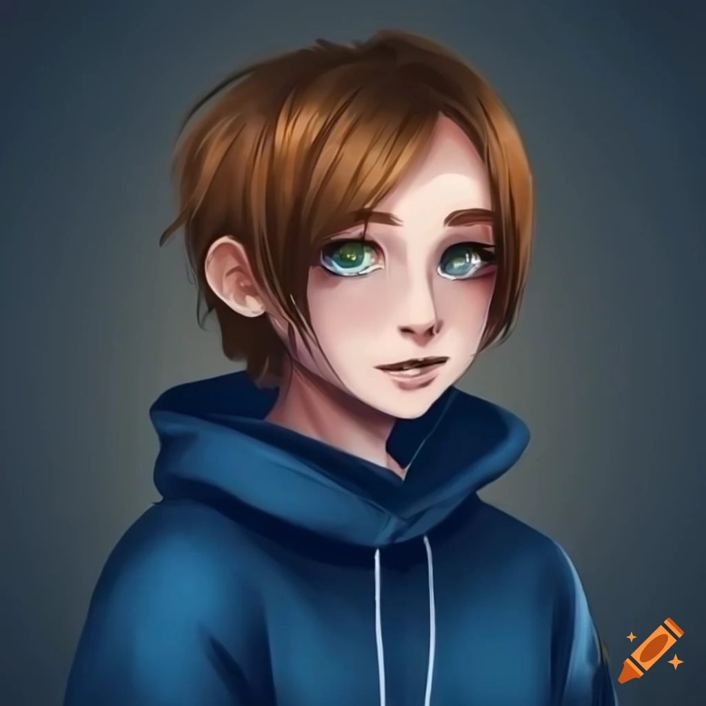 Non-binary person with green eyes and blue hoodie