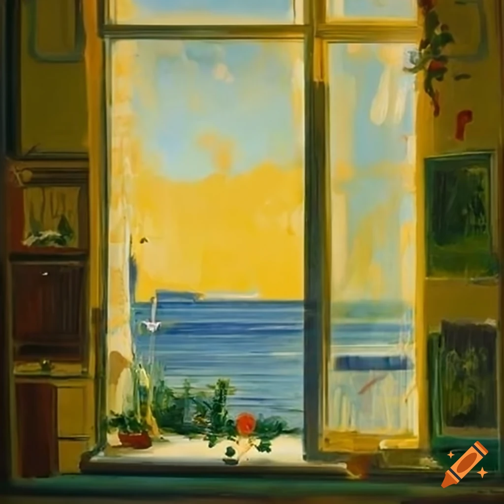 View from a window with flowers in front on Craiyon