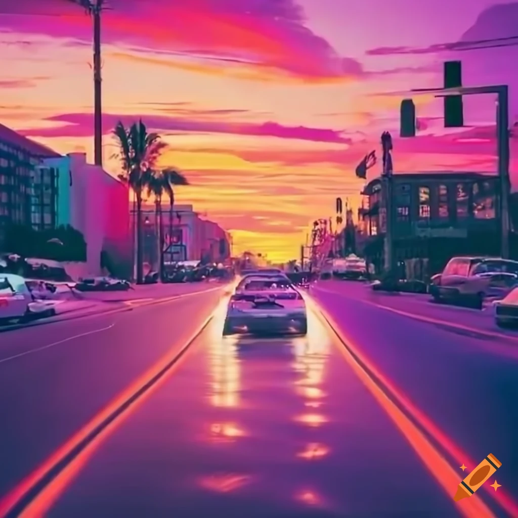 Sunset drive in a florida city with 80s vibes on Craiyon