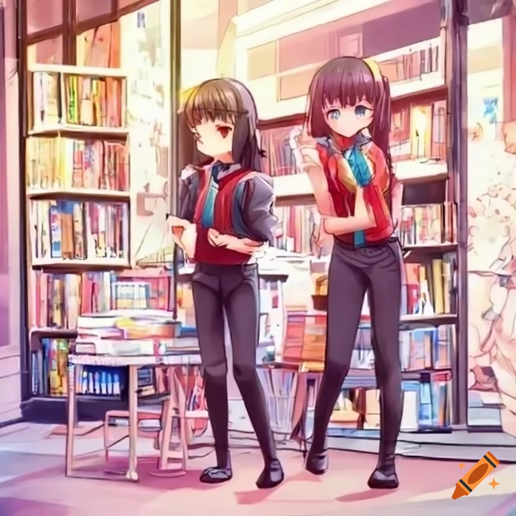 Anime girls at a bookshop display window on Craiyon