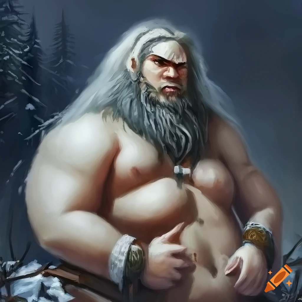 fantasy oil painting of a fat barbarian in a winter taiga