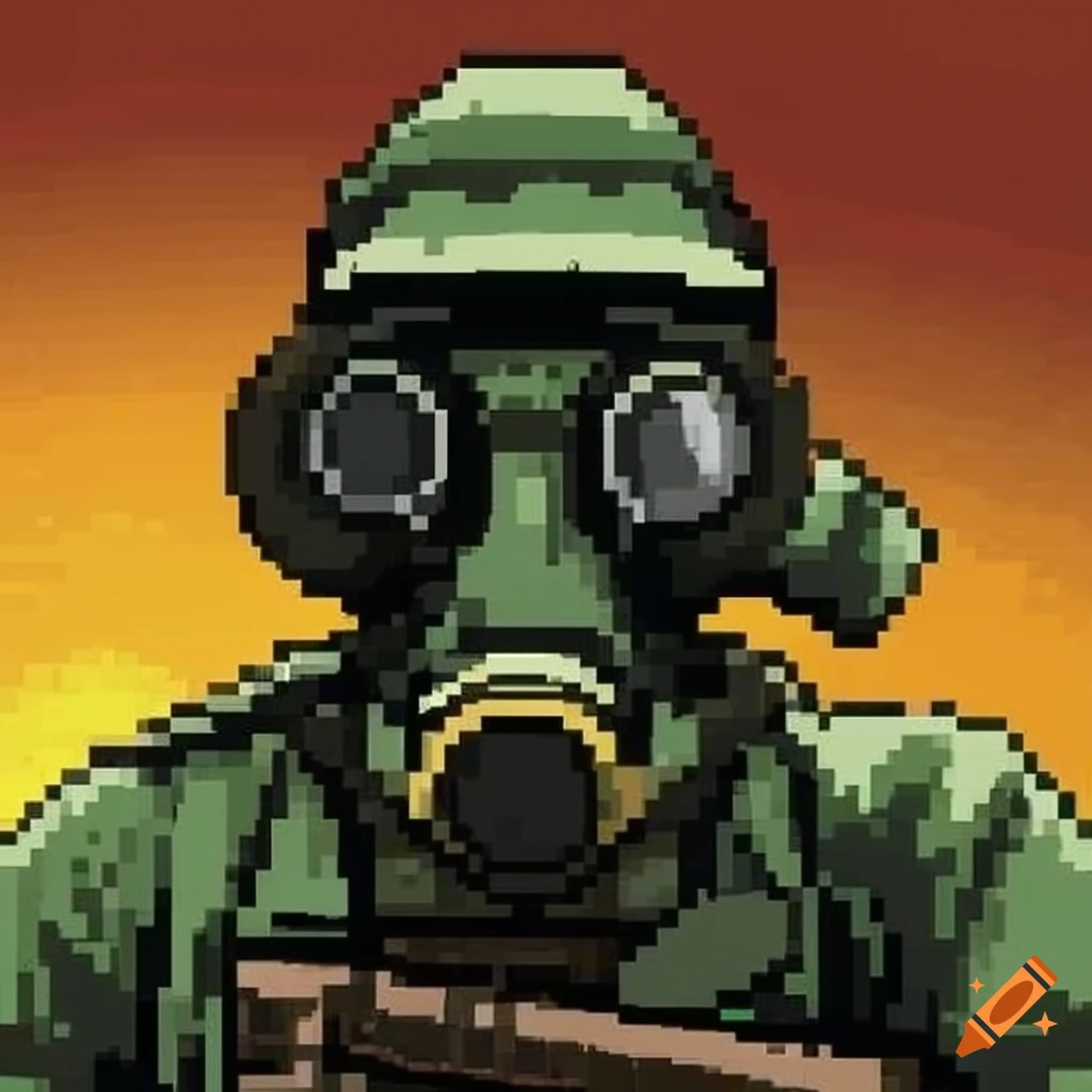 pixel art of a World War 1 soldier in a gas mask