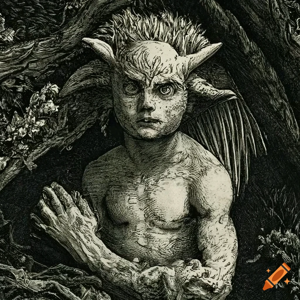 Closeup of detailed engraving artwork by wrightson and peake on Craiyon