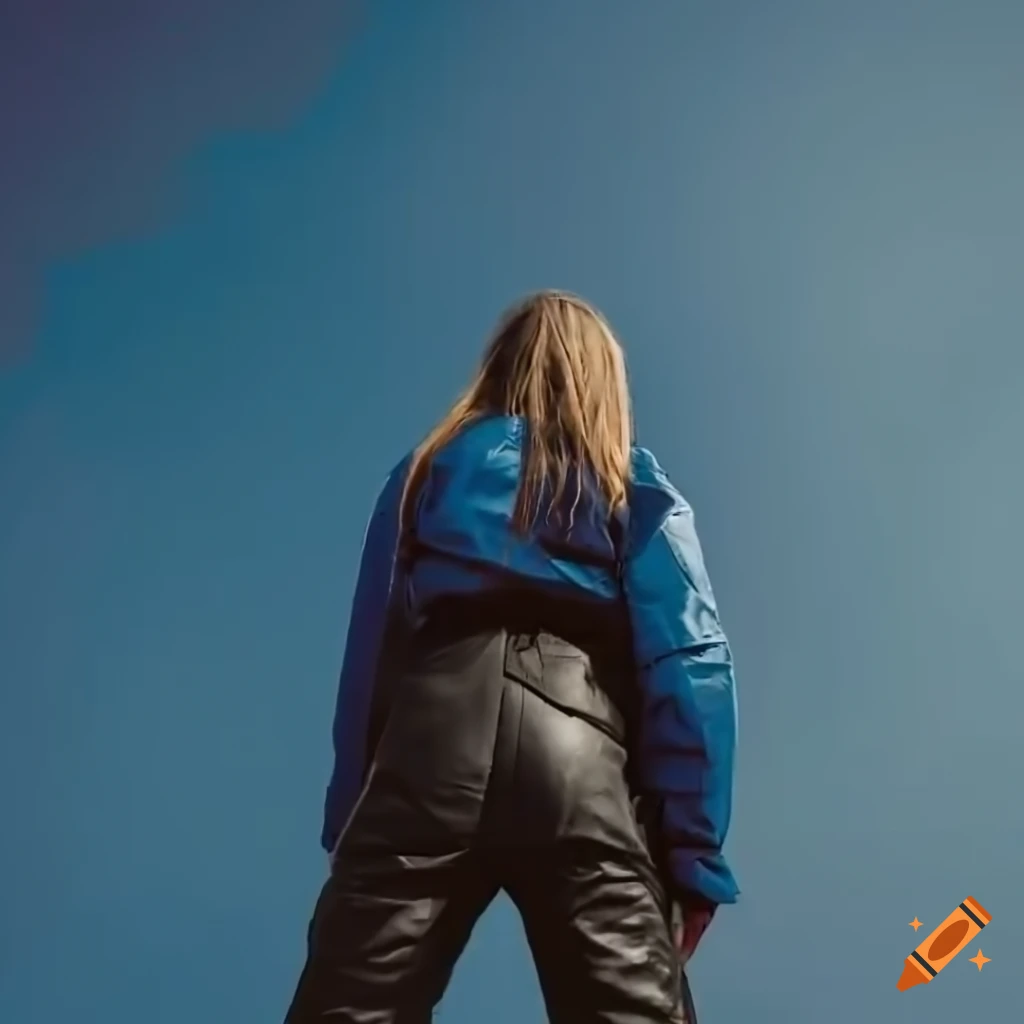 young woman with blue bomber jacket standing in doorway