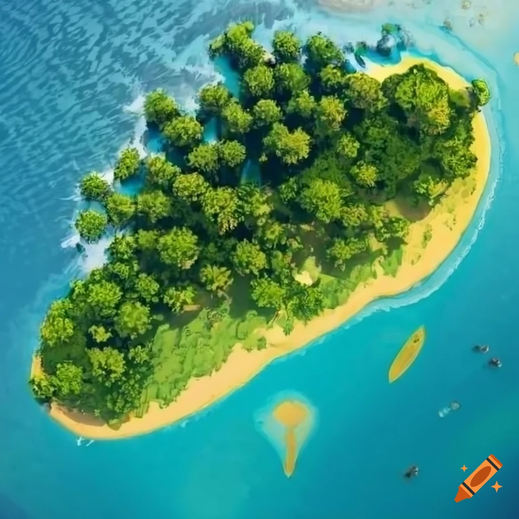 Aerial view of a sunny tropical island on Craiyon