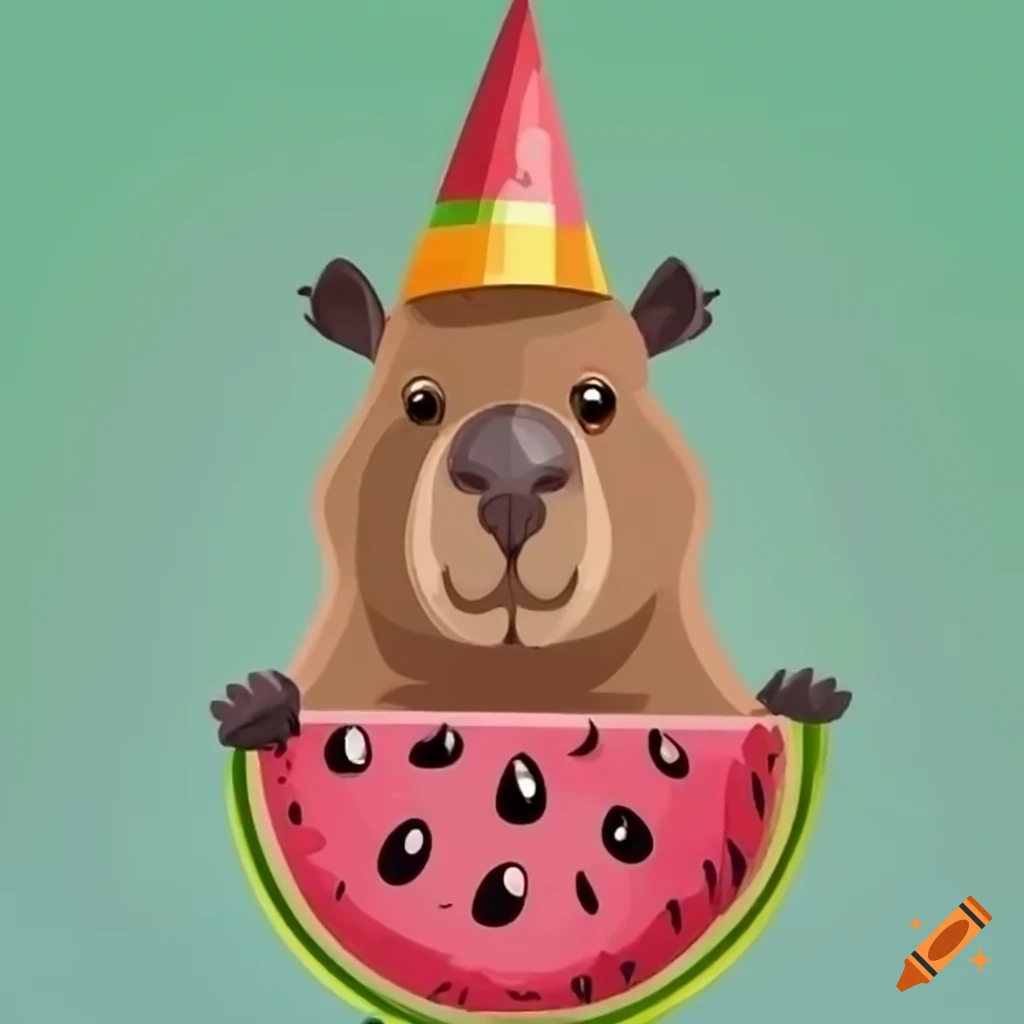 cartoon Capybara eating watermelon with a festive hat