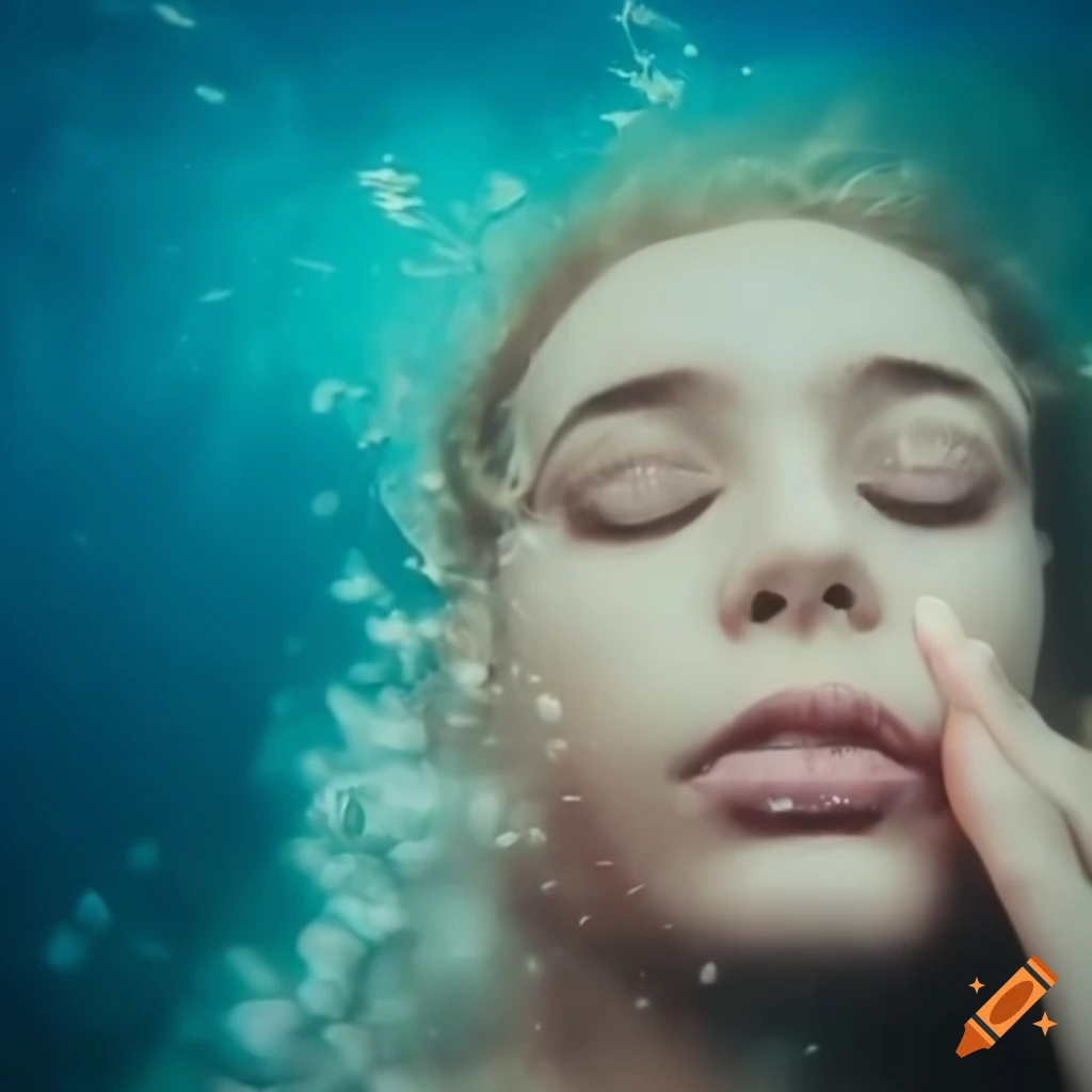 Close up photograph of a girl underwater with eyes closed