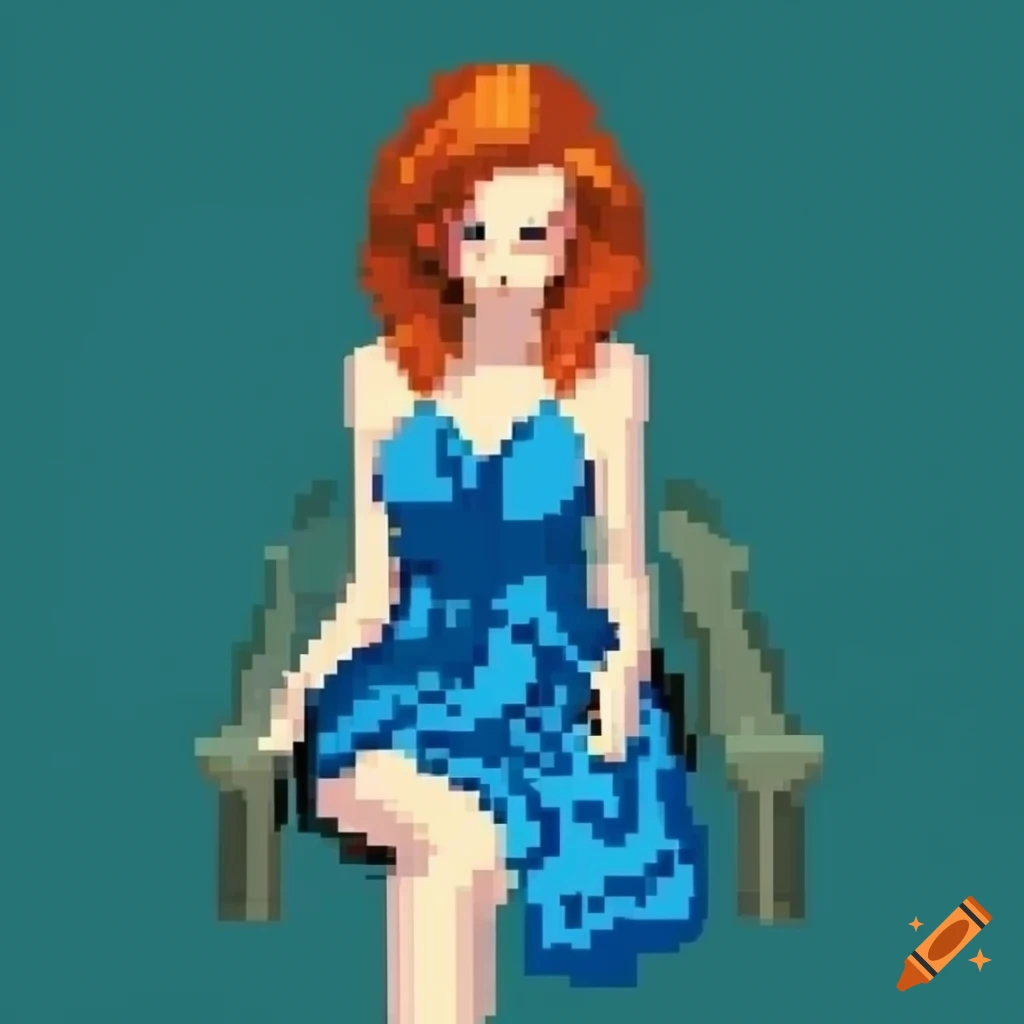 Pixel art of a red haired woman by a river on craiyon