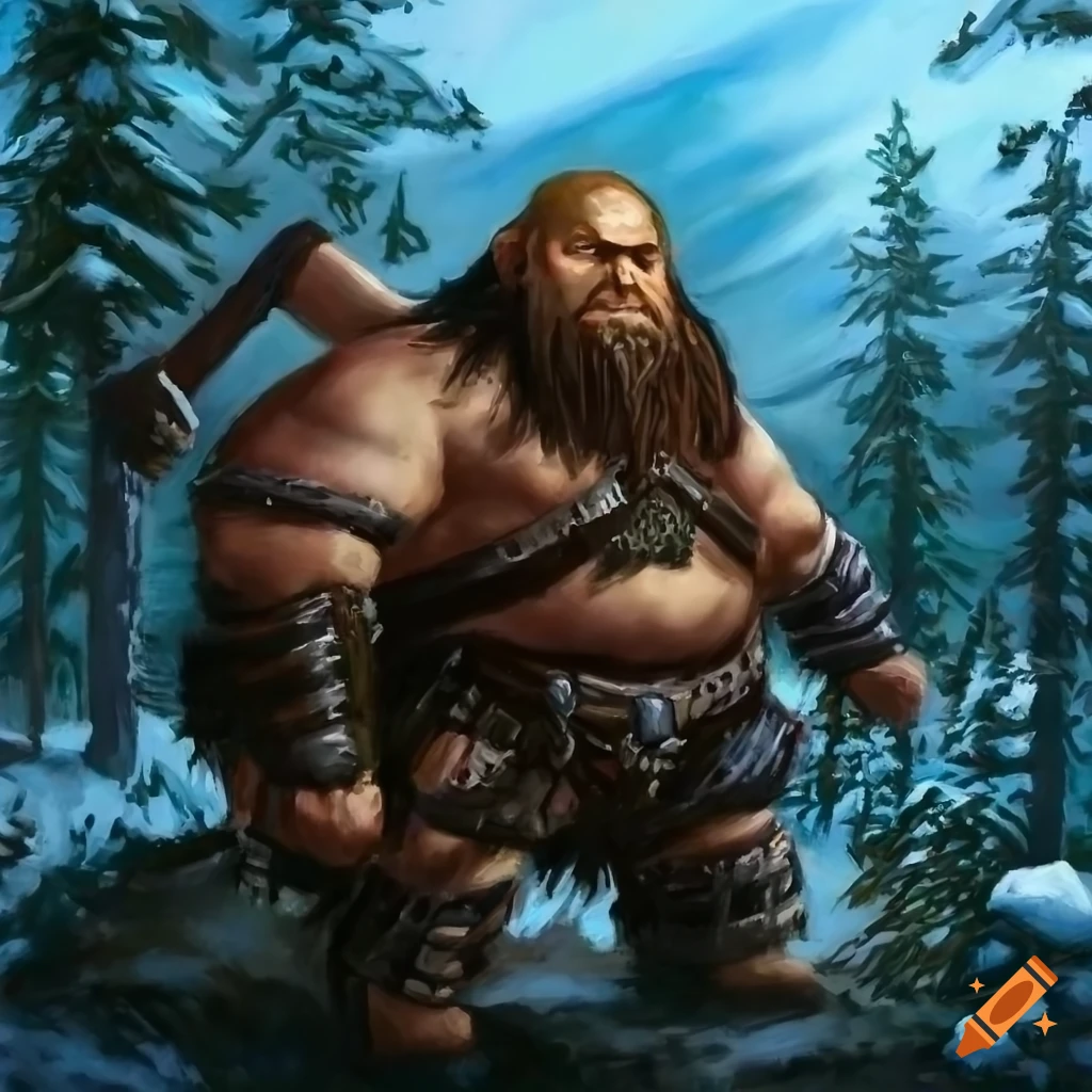 oil painting of a bearded barbarian in a winter forest