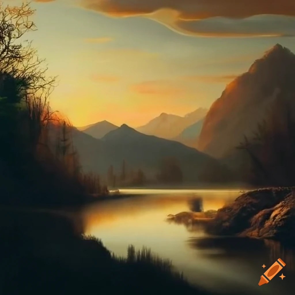 sunset over a river and mountains