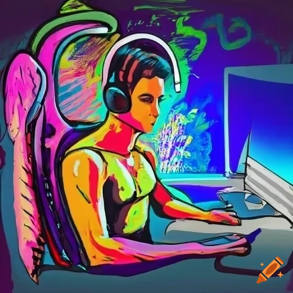 Male angel on a gaming chair with a computer and headset on Craiyon