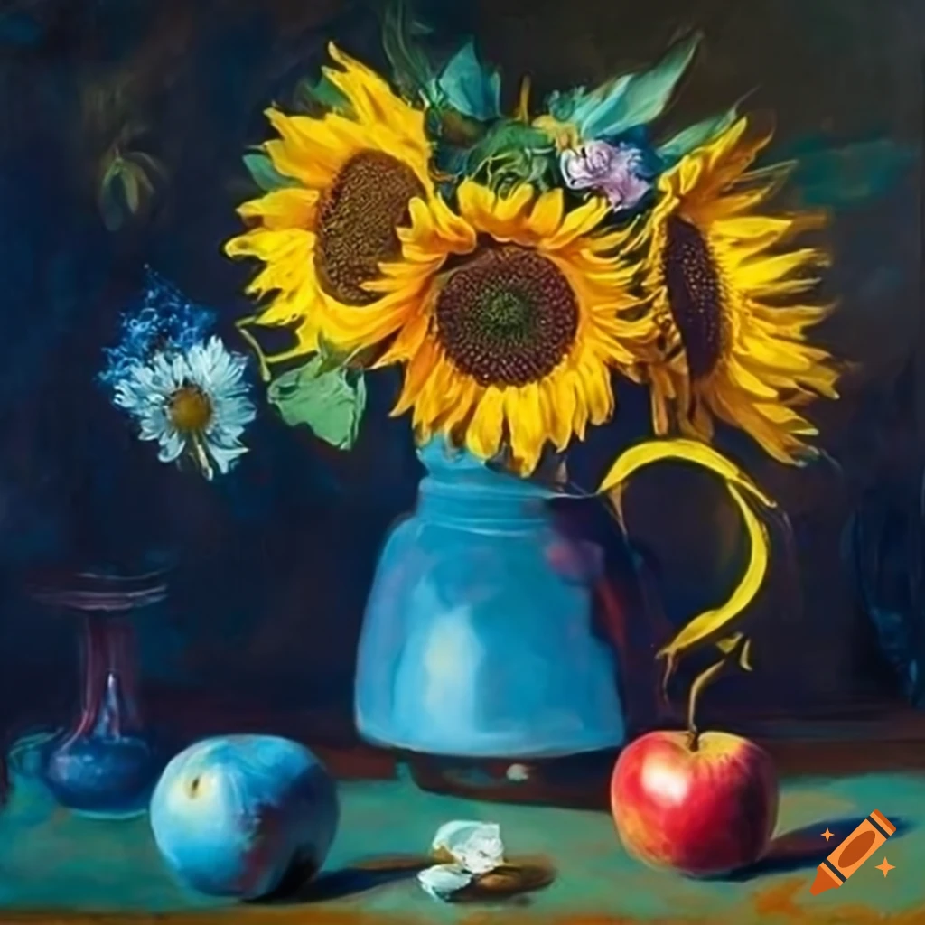 Monet-style still life with sunflowers and red apples