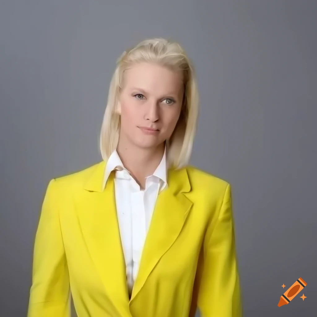 Blonde woman in yellow suit and white shirt