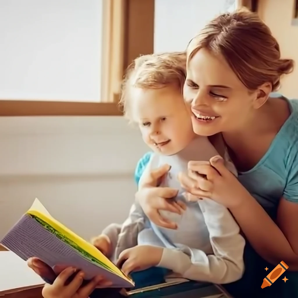 Mother and daughter reading book together on a whi