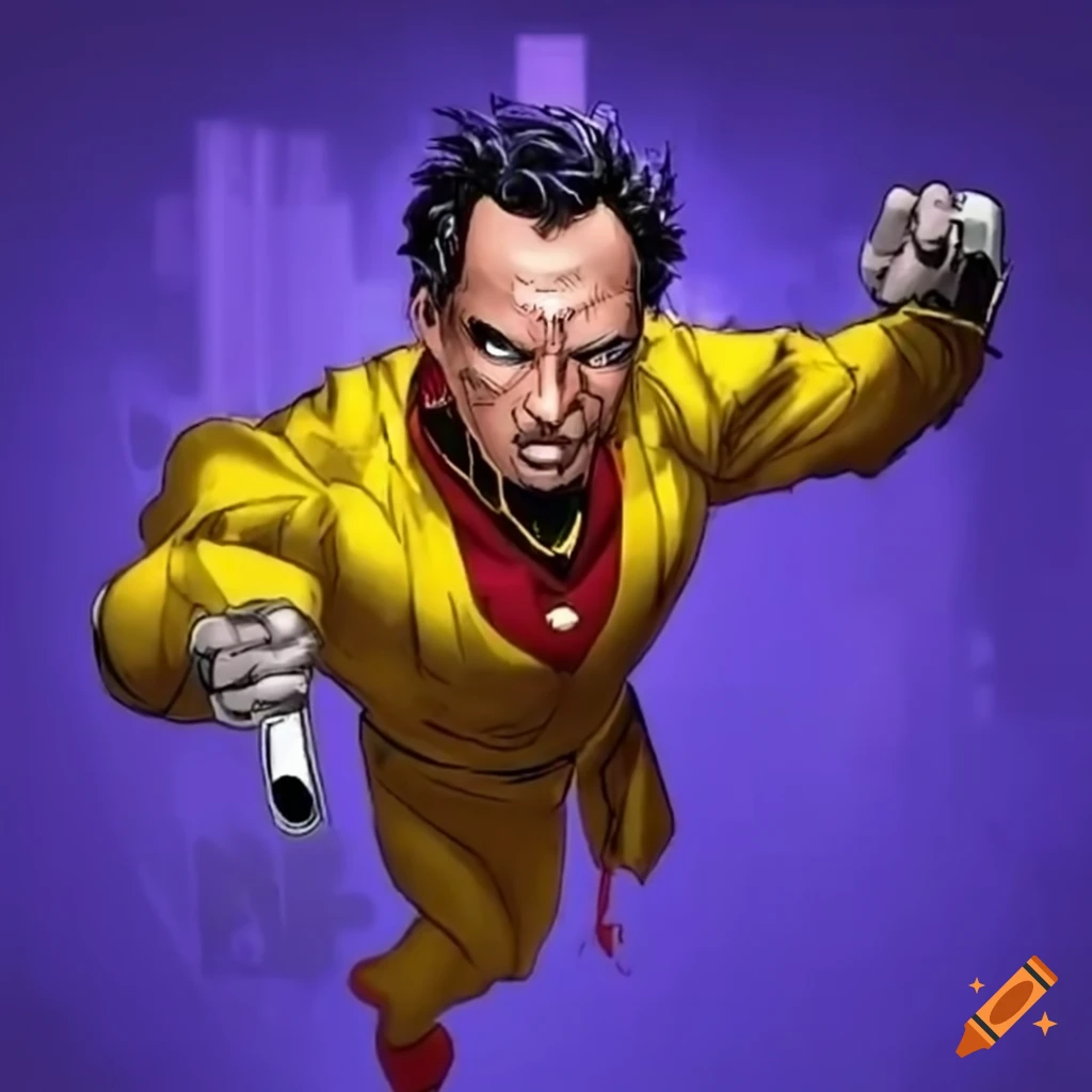 superhero comic book character with yellow suit and pink boots