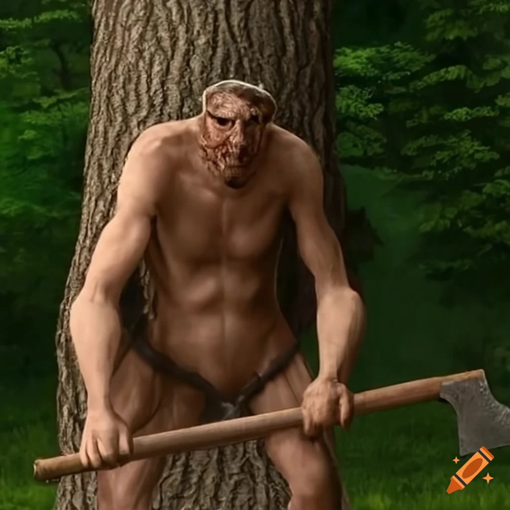 dipiction of a medieval lumberjack cutting down a tree