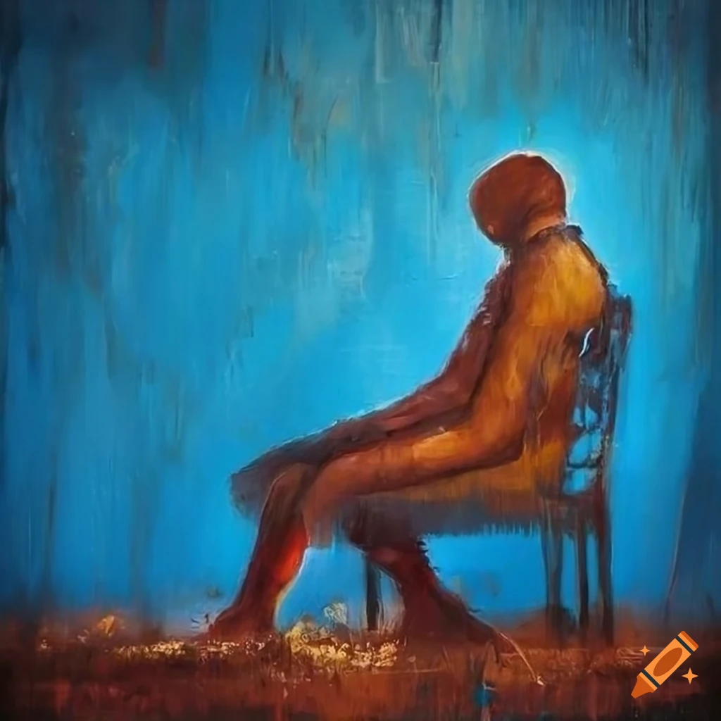 Splintered smashed wood oil painting of a figure in blue skies on Craiyon