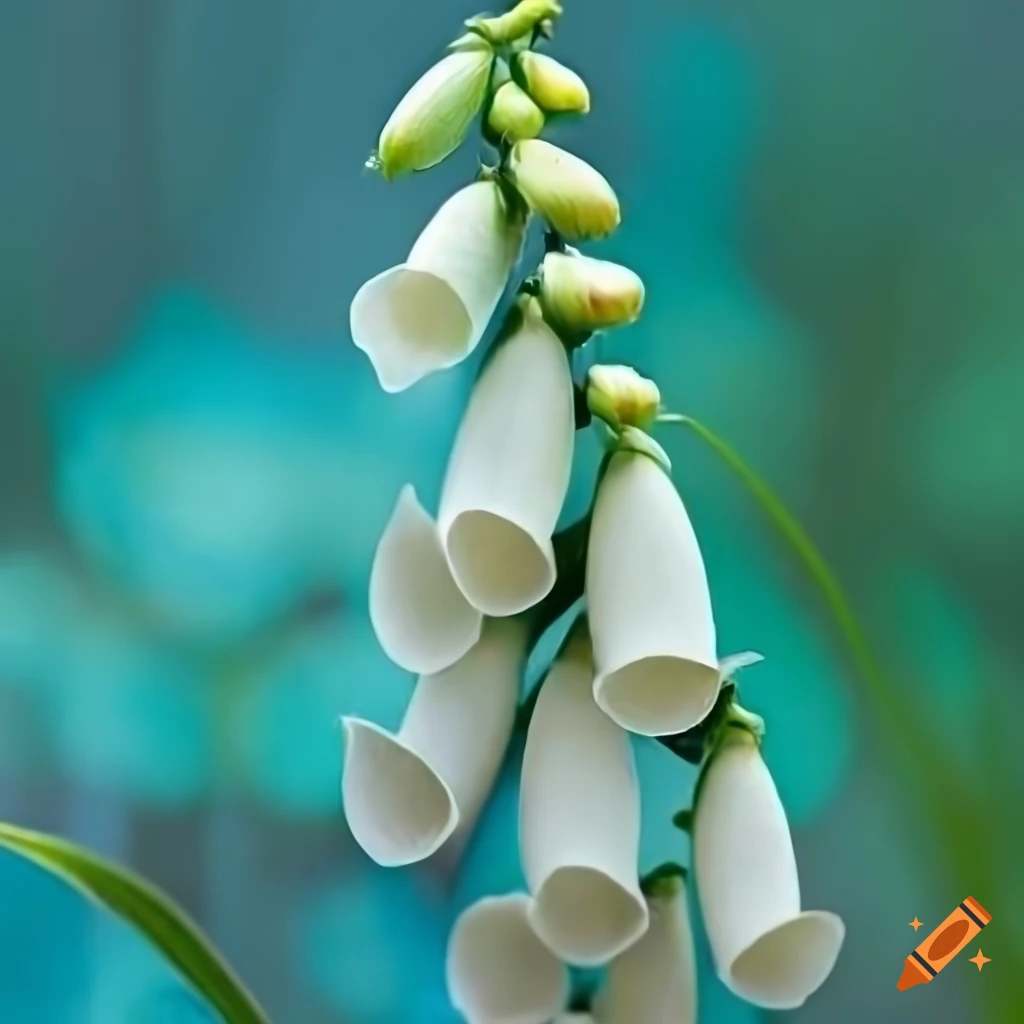 close-up photo of white Digitalis flowers on dark green-blue background