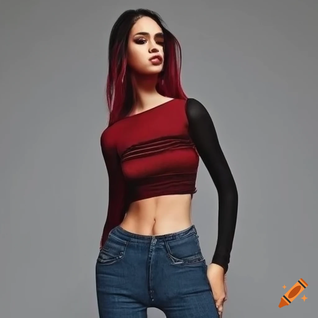 Blue skinny jeans and black crop top outfit