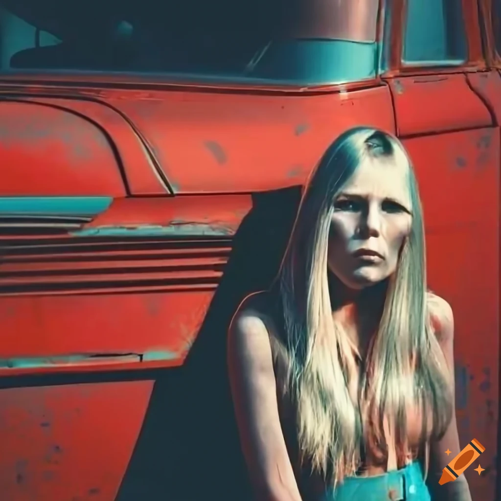Close up of joni mitchell and a rusty red 1963 chevy truck