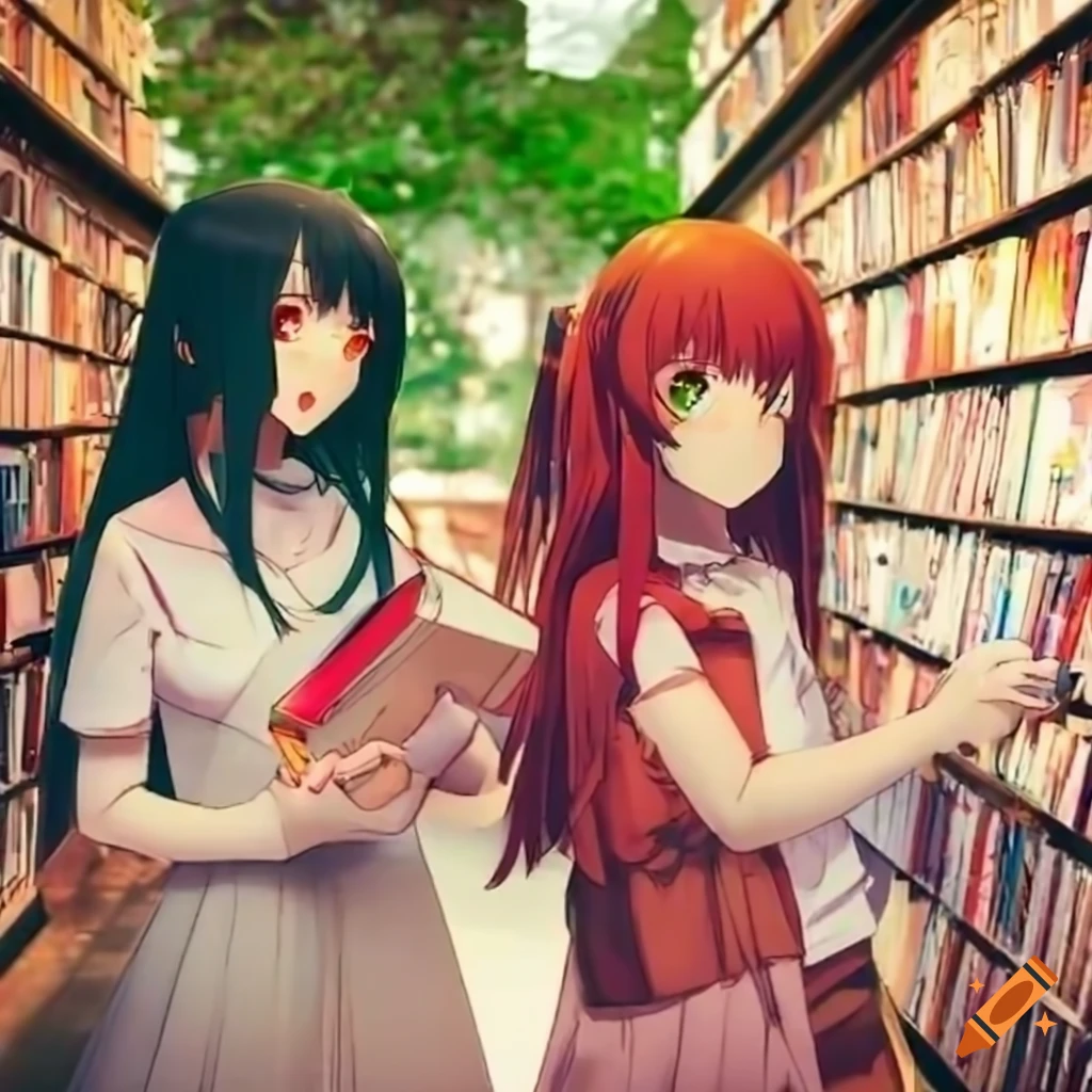 anime girls browsing scientific books in a bookstore