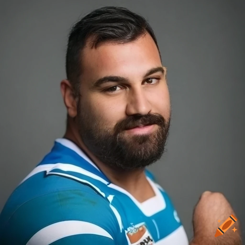 Photograph of a bearded rugby player