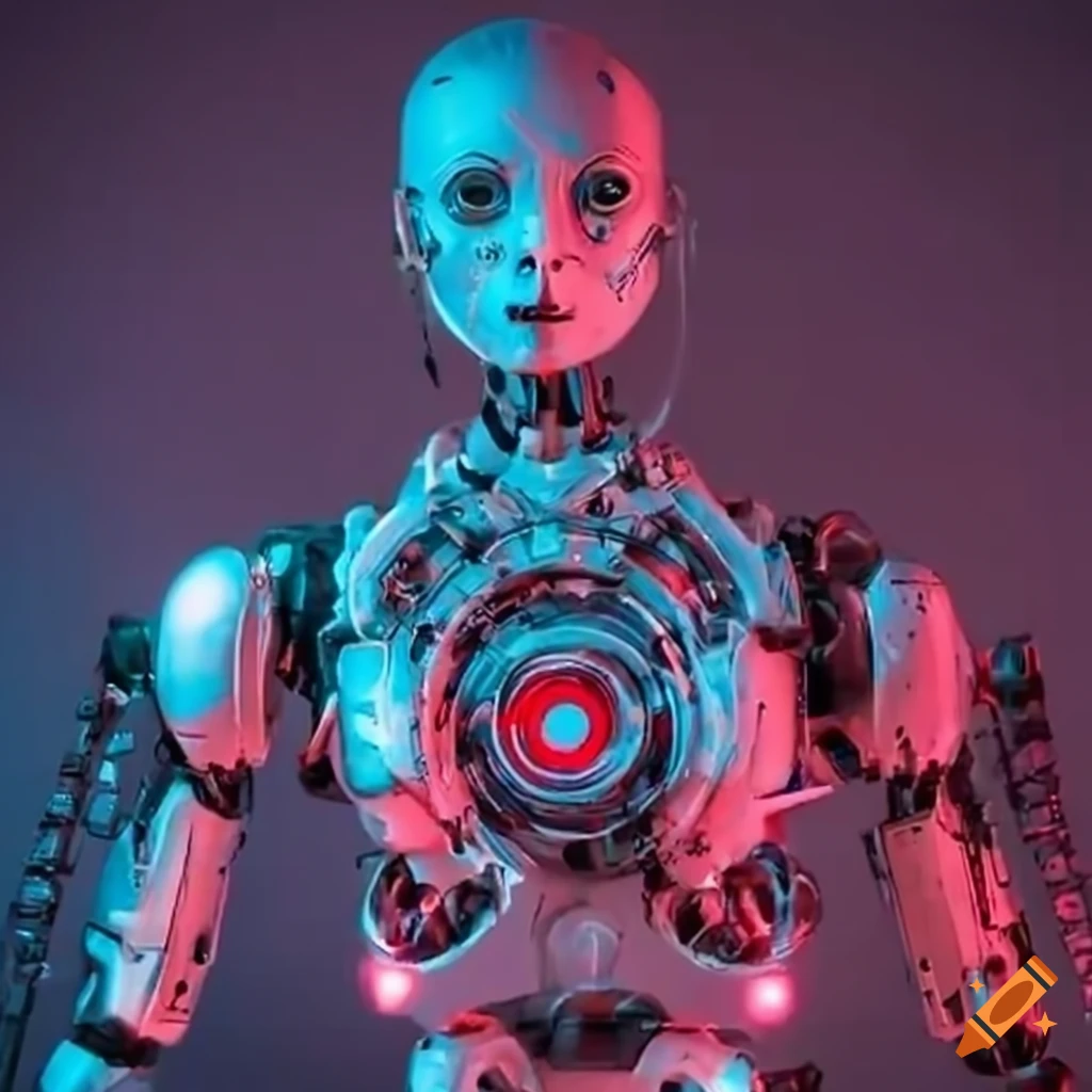 cybernetic robot with weapons in neon city