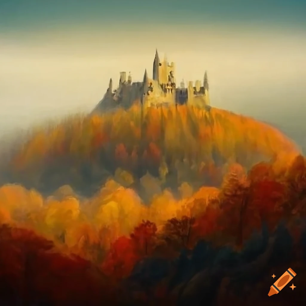 Painting of a castle on a hill surrounded by fog on Craiyon